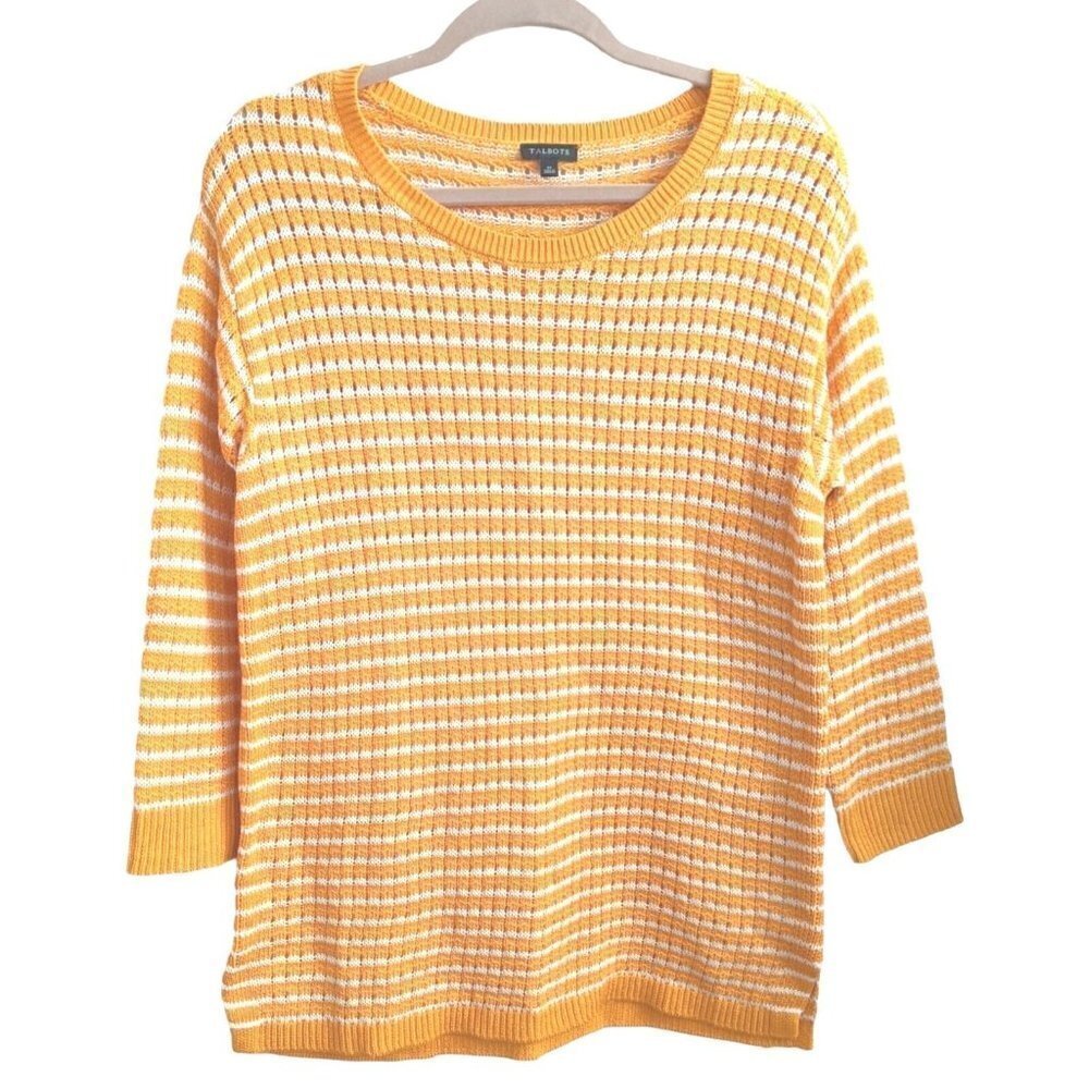 Talbots Women's Mixed Yarn Stripes Open Knit Golden Yellow Ivory Sweater Size M